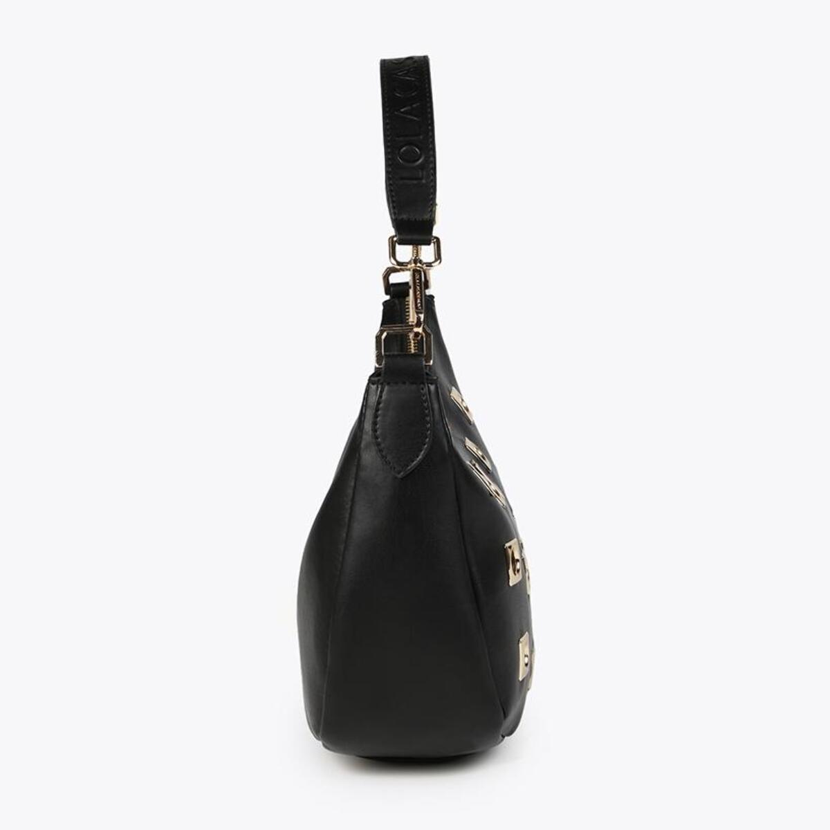 Borsa a spalla con occhielli in metallo quadrati