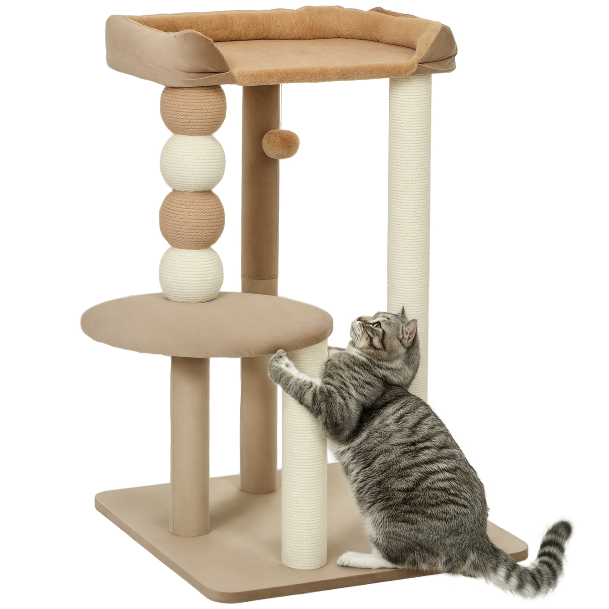 Árbol Rascador para Gatos, Árbol para Gatos 86 cm, Torre Escalador con Cama, Plataforma de Salto, Postes de Yute y Bolas de Juguete, Marrón y Beige