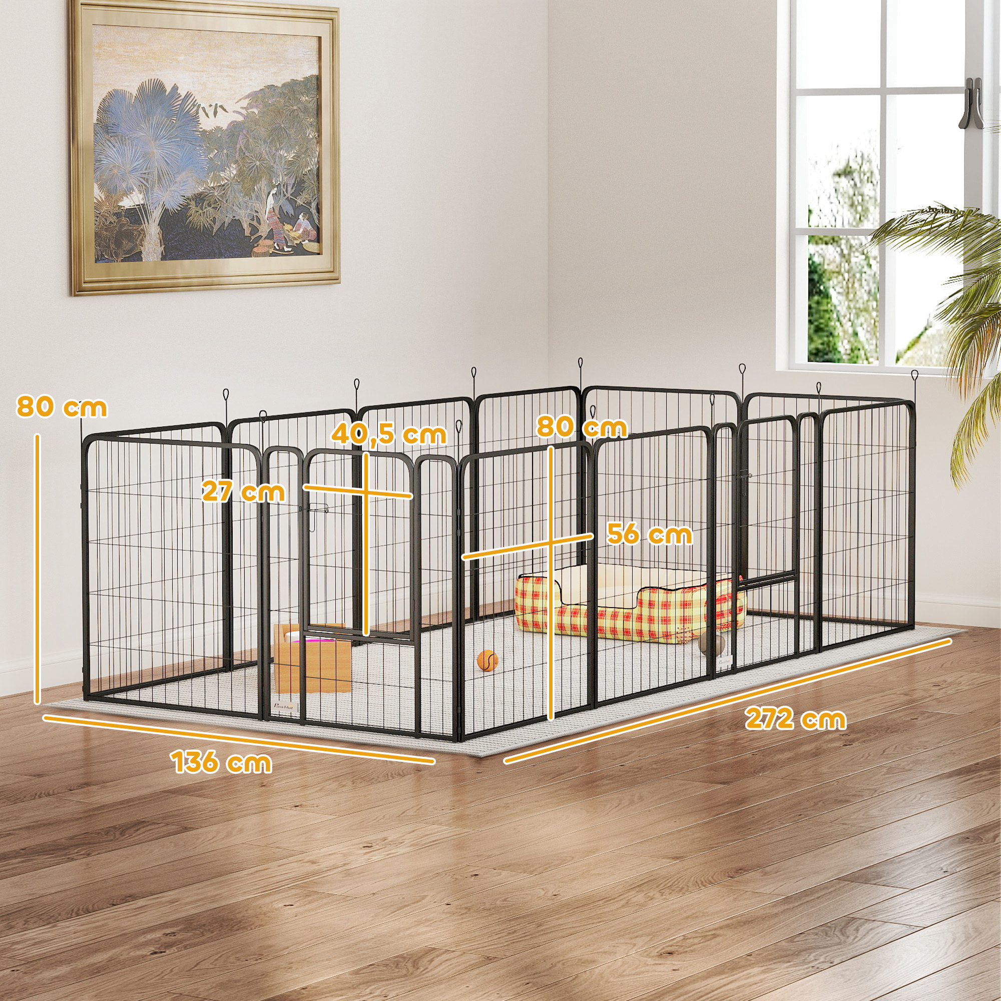 Parque para Perros de 12 Paneles, 68x80 cm, Corral Plegable para Perros Medianos con Puertas, Cierre y Estacas, para Interior y Exterior, Negro