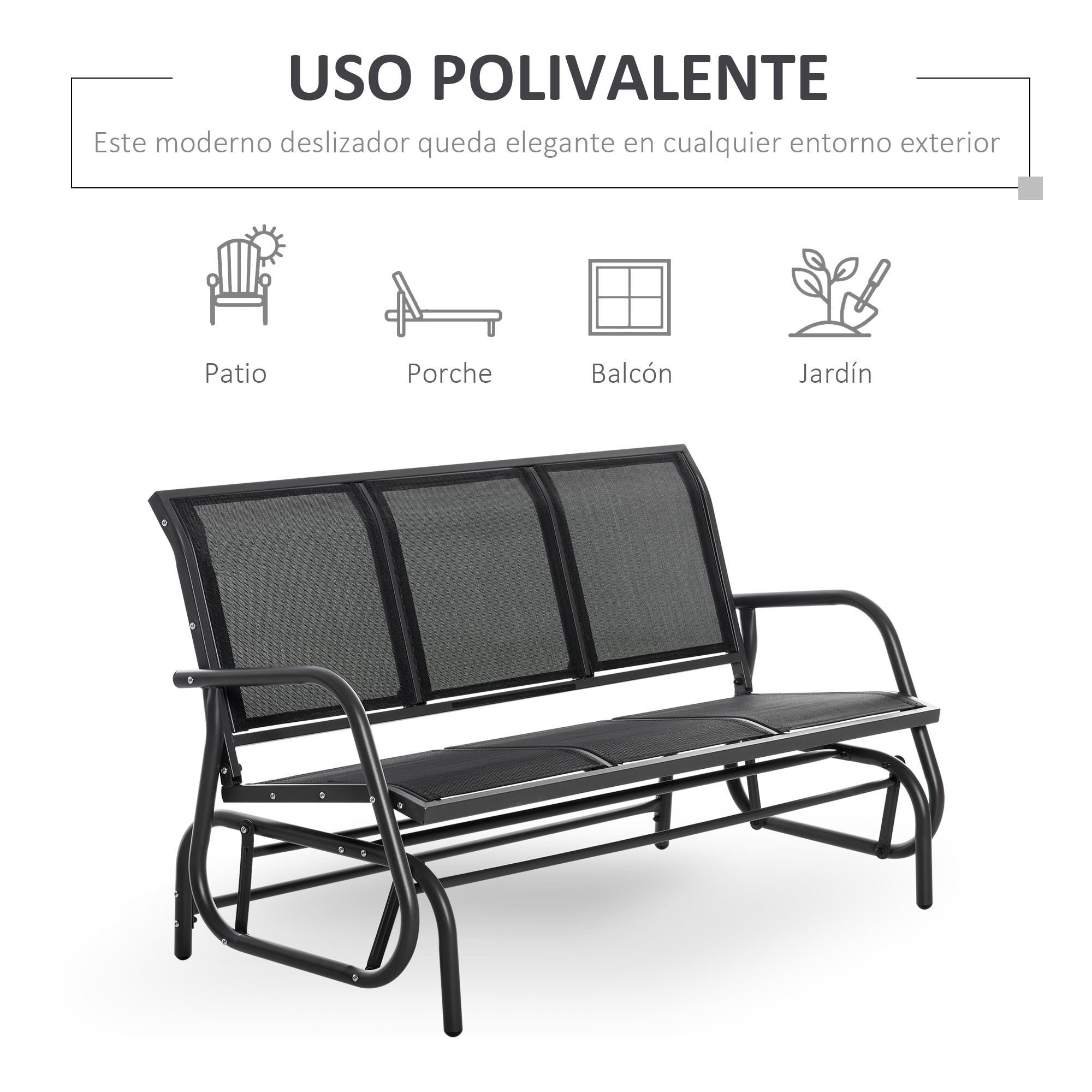 Banco de Jardín Exterior de 3 Plazas Mecedora de Exterior con Reposabrazos Carga 300 kg para Terraza Balcón Patio 147x75x85 cm Negro