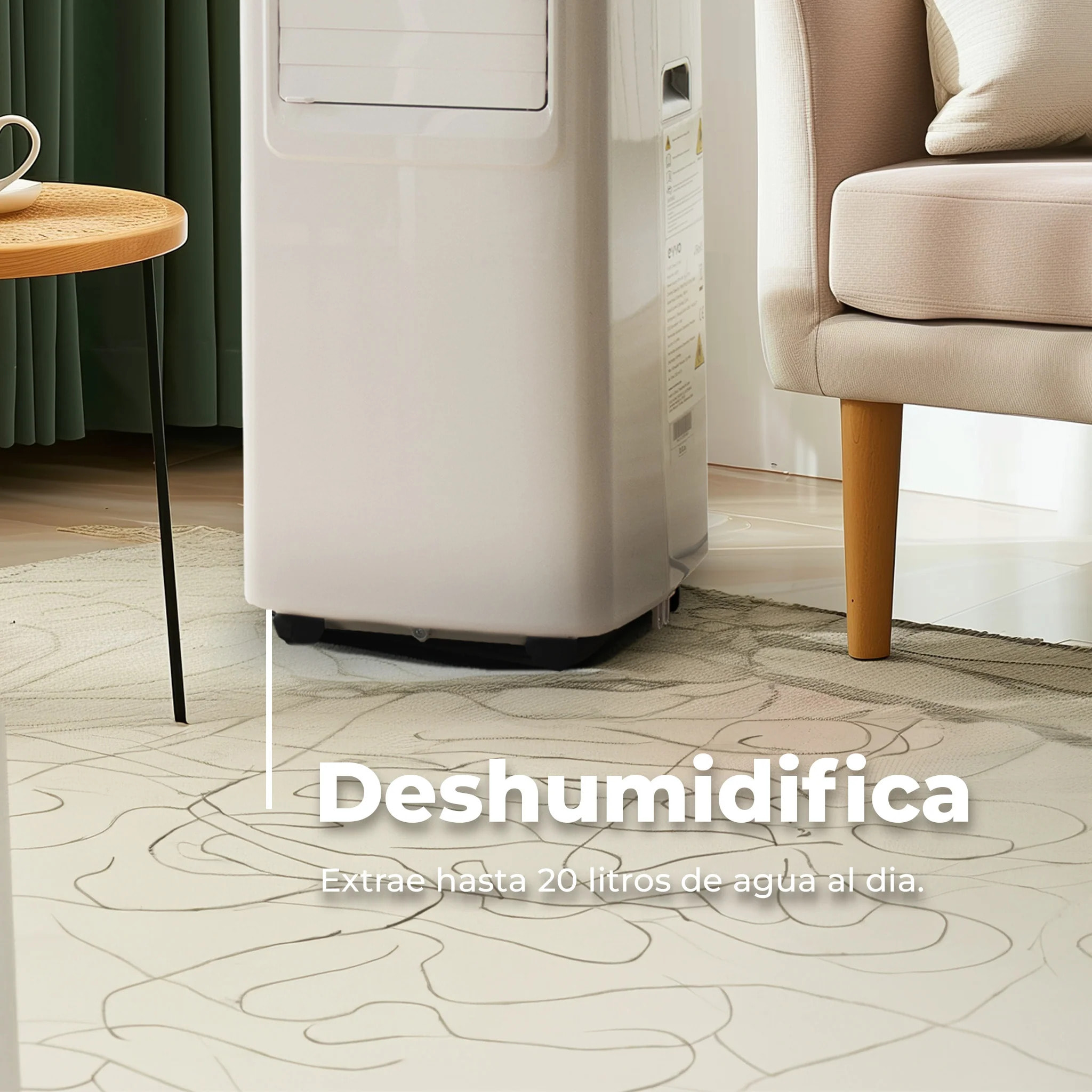 EVVO Aire Acondicionado Portatil 3 in 1 Clima P7, silencioso, 7.000 BTU, con Mando a Distancia, Superficie 15m2, Clase energética A, Blanco