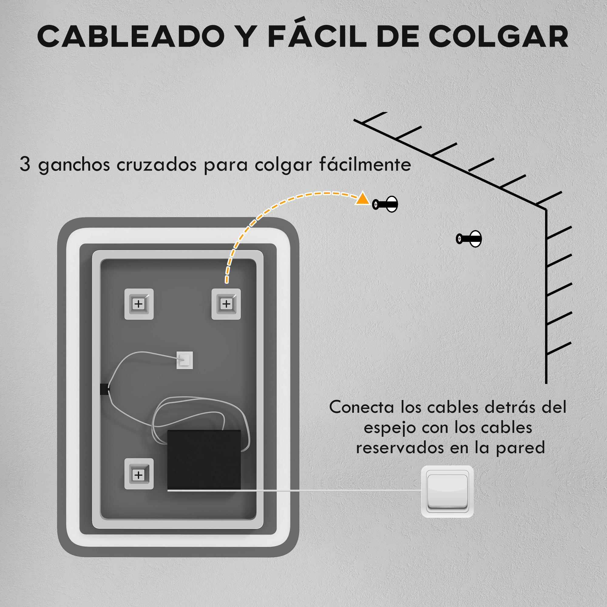 Espejo de Baño con Luces LED 50x70 cm Espejo de Pared Antivaho con 3 Temperaturas de Color Regulable y Función de Memoria Horizontal y Vertical