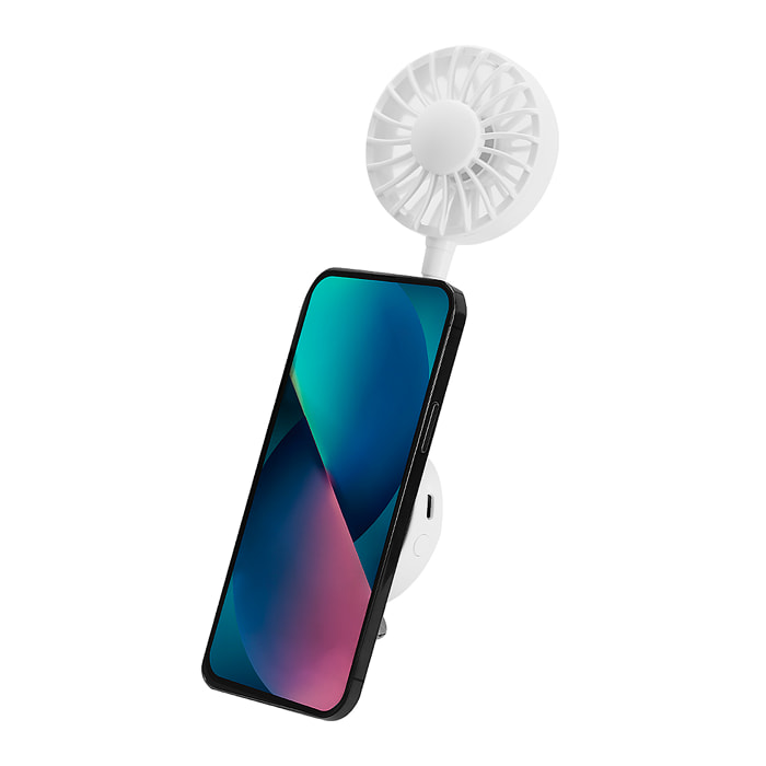 Ventilatore multiposizione con rotazione di 360°, supporto regolabile e magnete per smartphone. Ha 3 velocità, con batteria ricaricabile di 300 mAh.