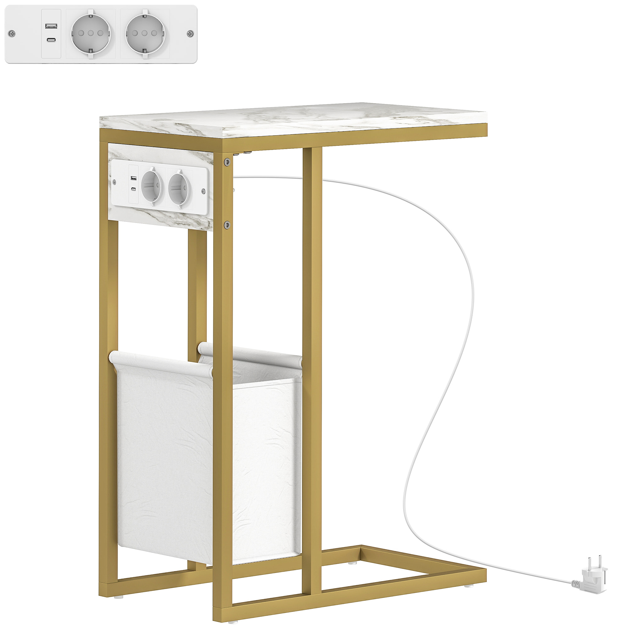 Table d'appoint avec station de charge secteur + USB - panier tissu intégré - acier doré effet marbre blanc