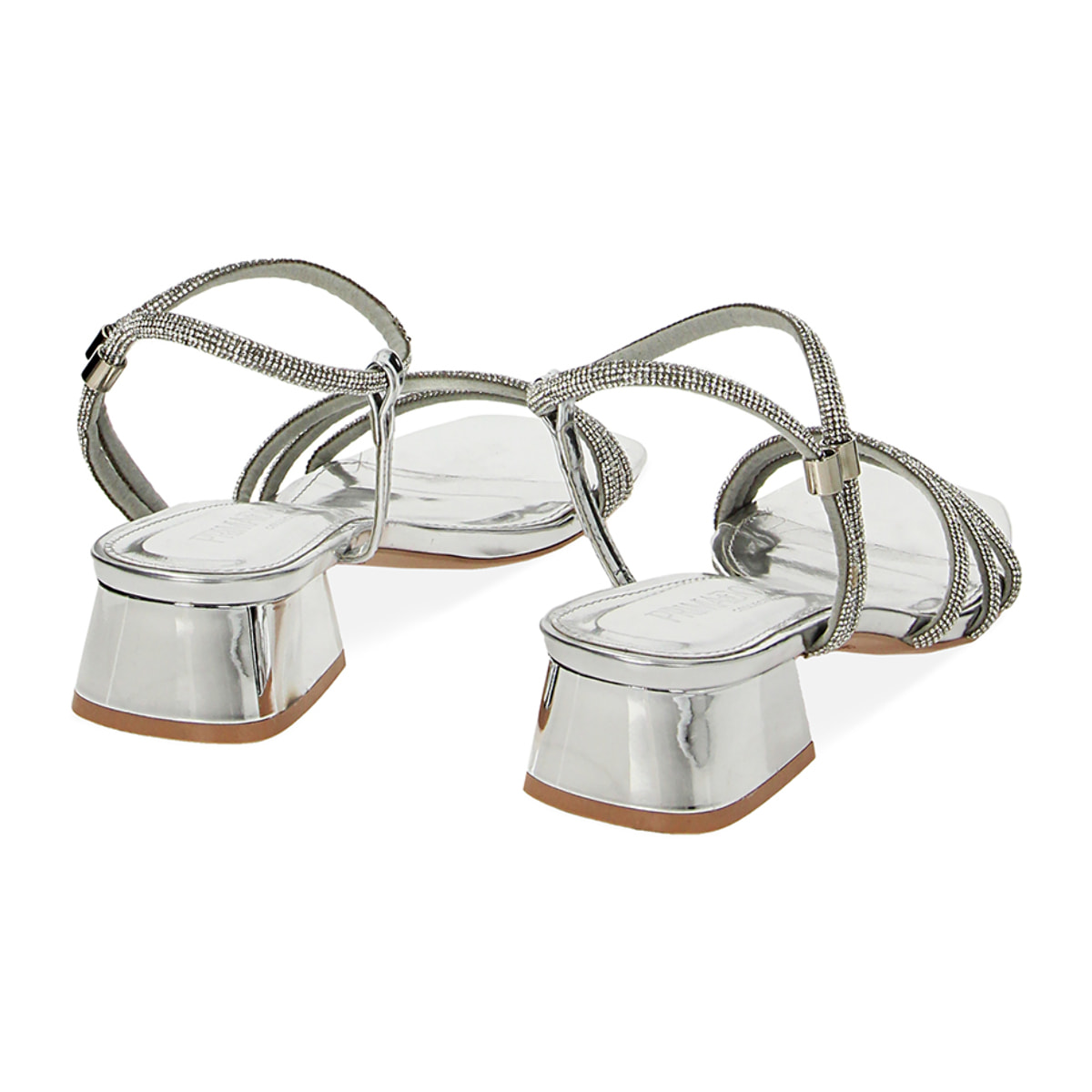 Sandalias con tacón plata espejo con piedras