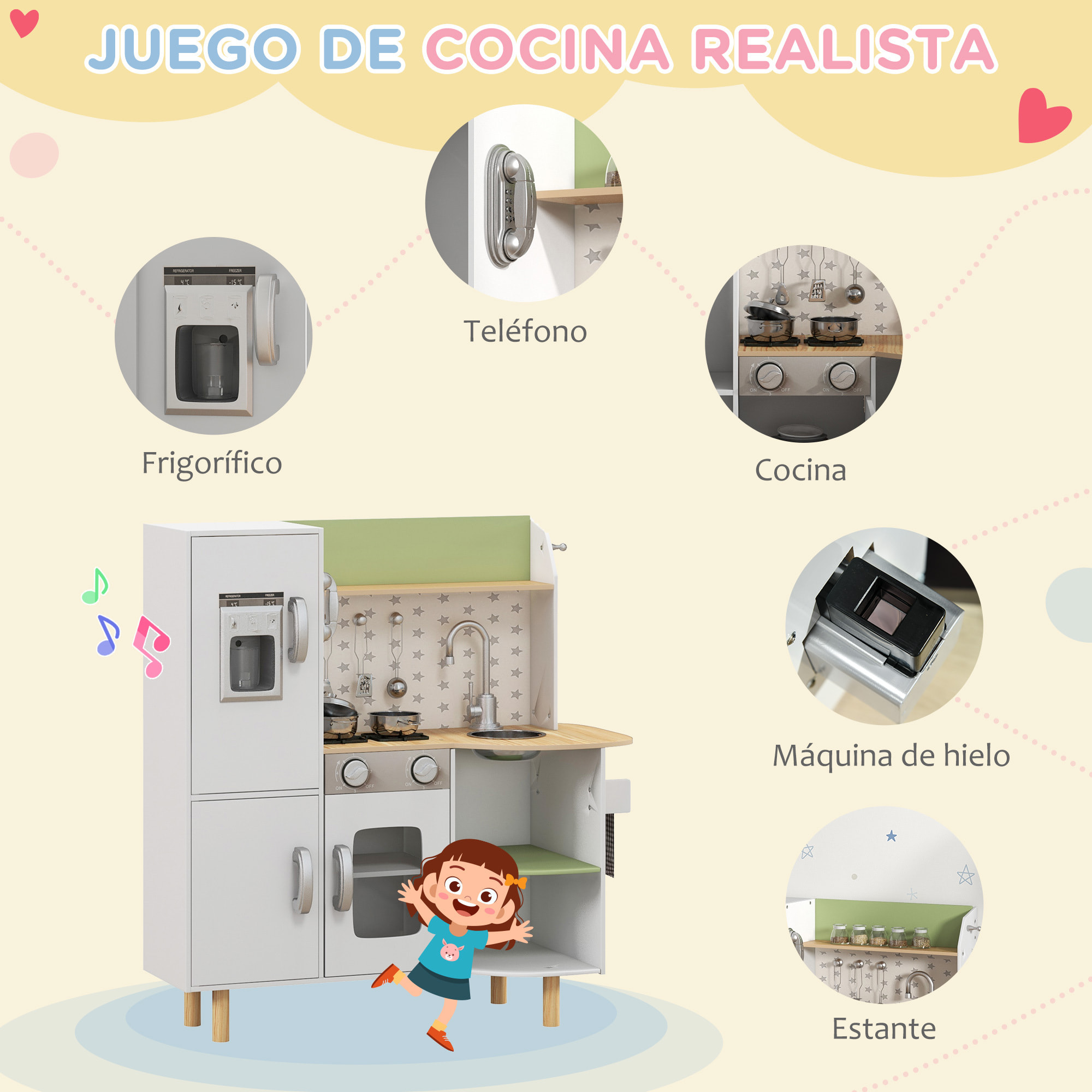 Cocina de Juguete de Madera para Ninos de 3 6 Anos Cocinita Infantil con Maquina de Hielo Fregadero de Acero Inoxidable Movil Taza y Utensilios