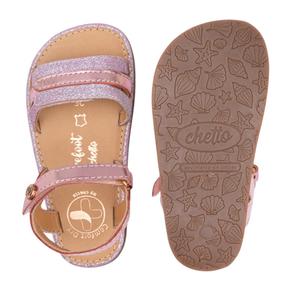 SANDALIA BAREFOOT PIEL CHETTO TIRAS METALIZADAS ROSA