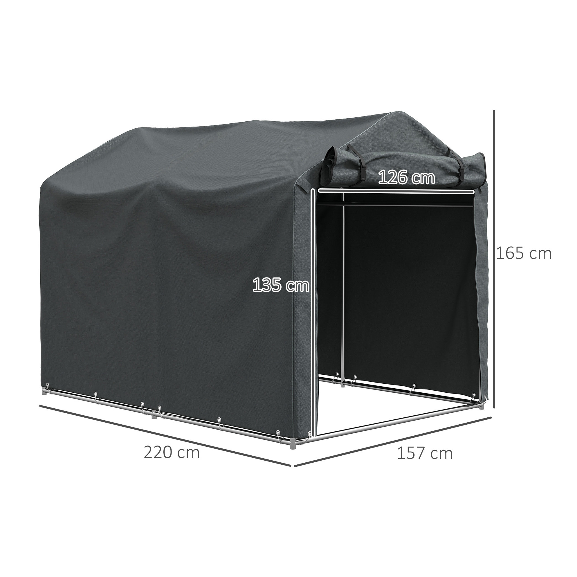 Carpa de Jardín Exterior para Herramientas Bicicletas 2,2x1,57x1,65 m, Cobertizo Exterior con Puerta Desmontable con Cremallera, Impermeable, Anti-UV, Garaje Portátil, Gris Oscuro