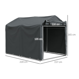 Carpa de Jardín Exterior para Herramientas Bicicletas 2,2x1,57x1,65 m, Cobertizo Exterior con Puerta Desmontable con Cremallera, Impermeable, Anti-UV, Garaje Portátil, Gris Oscuro