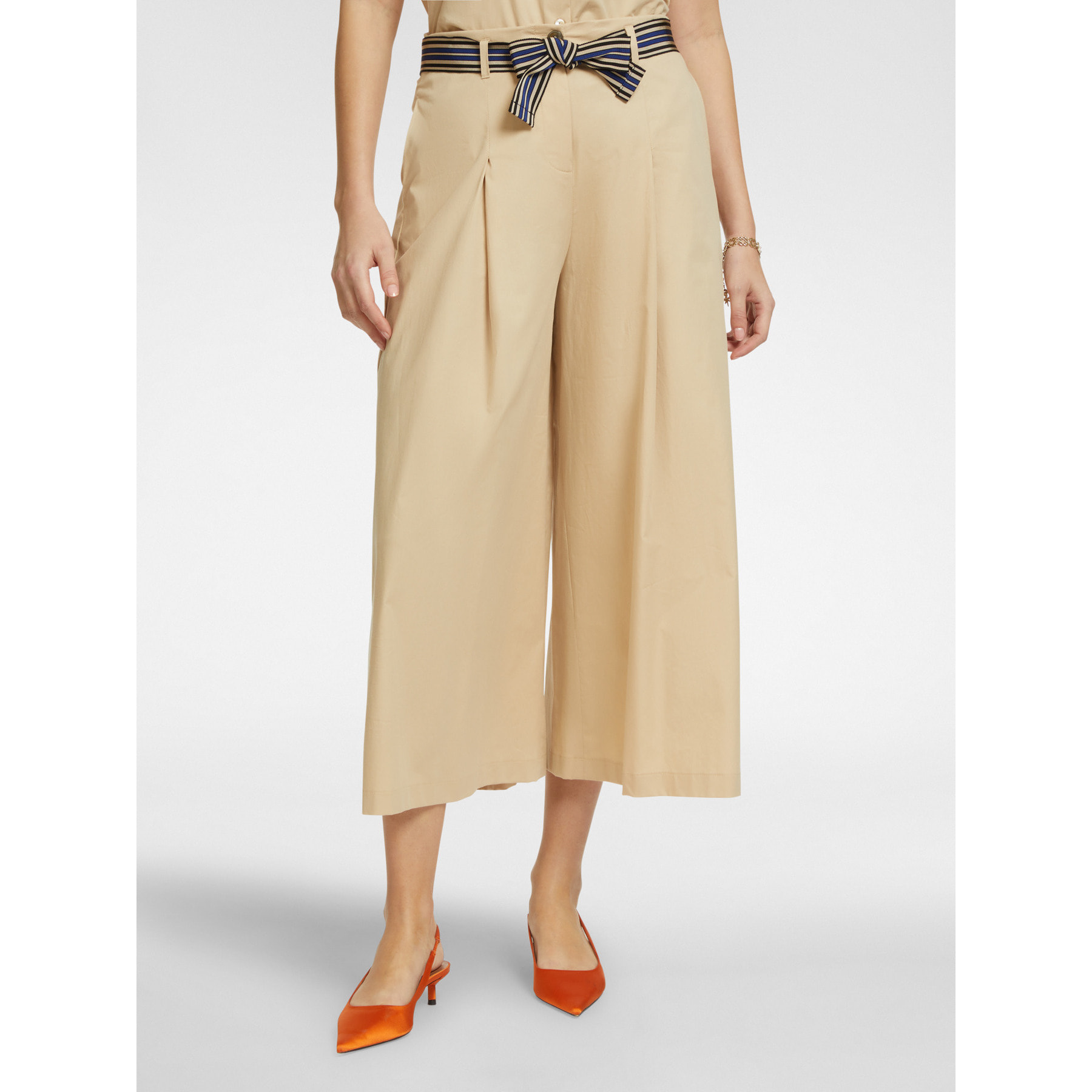 Elena Mirò - Pantalón ancho con cinturón de rayas - Beige