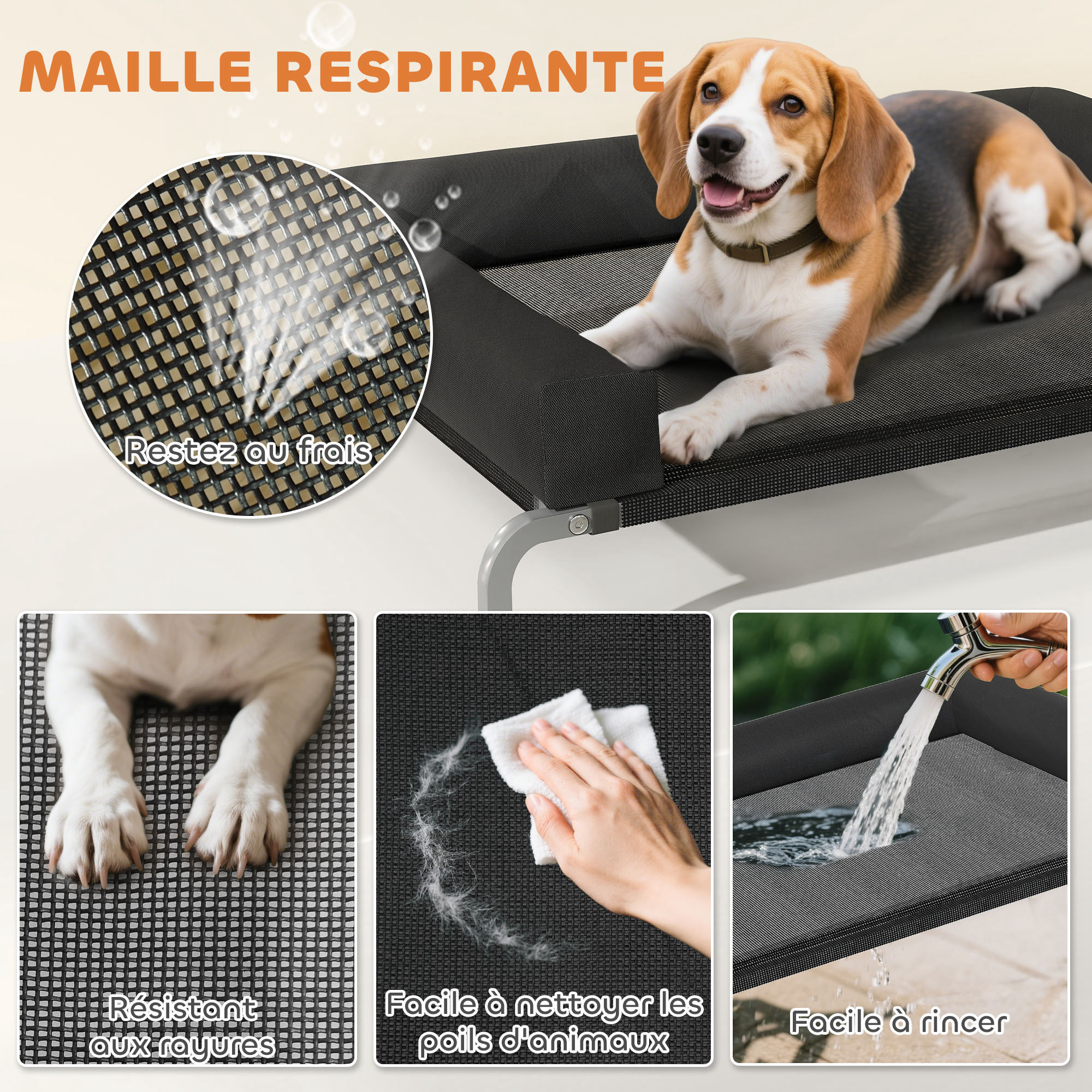 Transat pour animaux - lit pour chien - lit à pieds pour chien avec contour coussin dim. 110 x 75 x 30 cm - noir