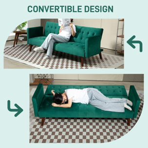 Canapé convertible 3 places design Chesterfield inclinable réglable effet capitonné velours vert turquoise