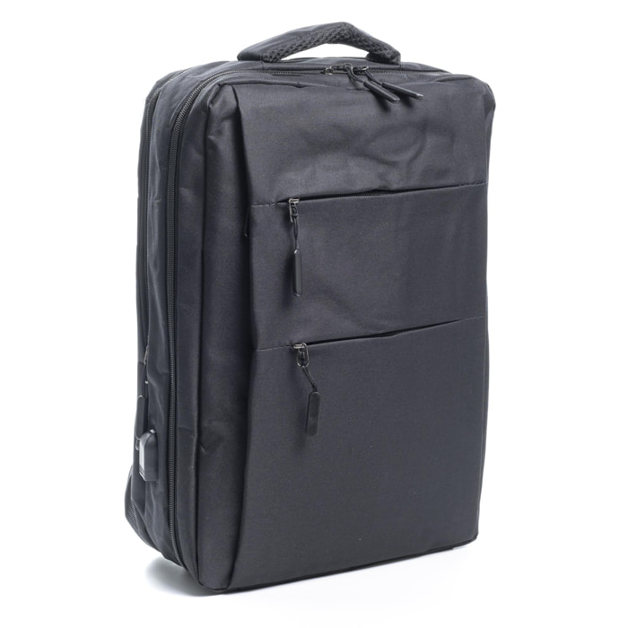 Zaino da cabina multiscomparto, porta laptop 17''. Adattabile a Trolley. Presa USB esterna nascosta.