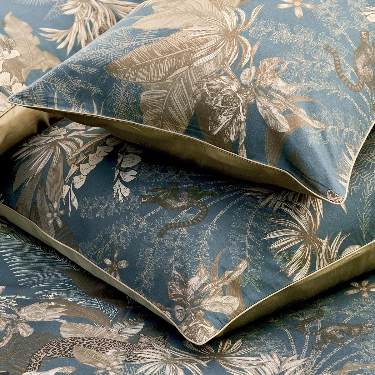 Taie d'oreiller satin de coton imprimé bleu marron Rainforest bleu dore