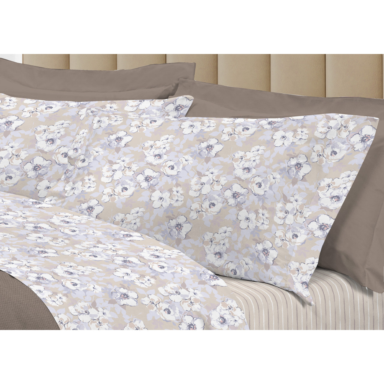 Completo Lenzuola Linea 3027 In Percalle Fantasia Floreale Disegno Indie Beige