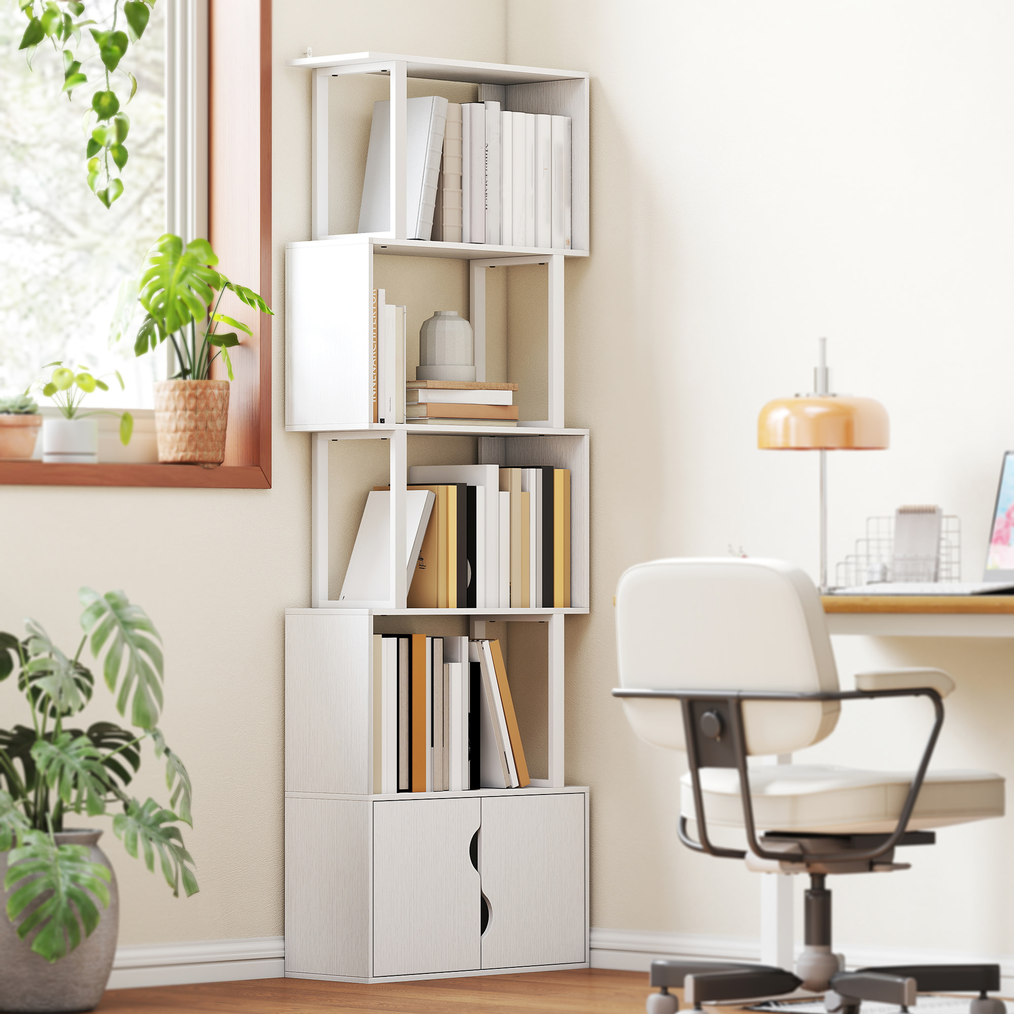 Bibliothèque design zig zag - 4 étagères, 2 portes - effet bois acier blanc