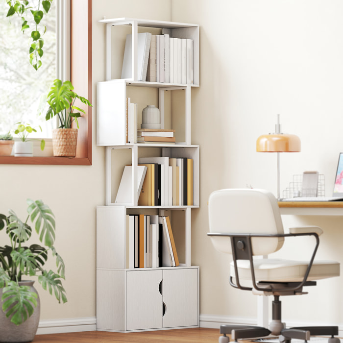 Bibliothèque design zig zag - 4 étagères, 2 portes - effet bois acier blanc