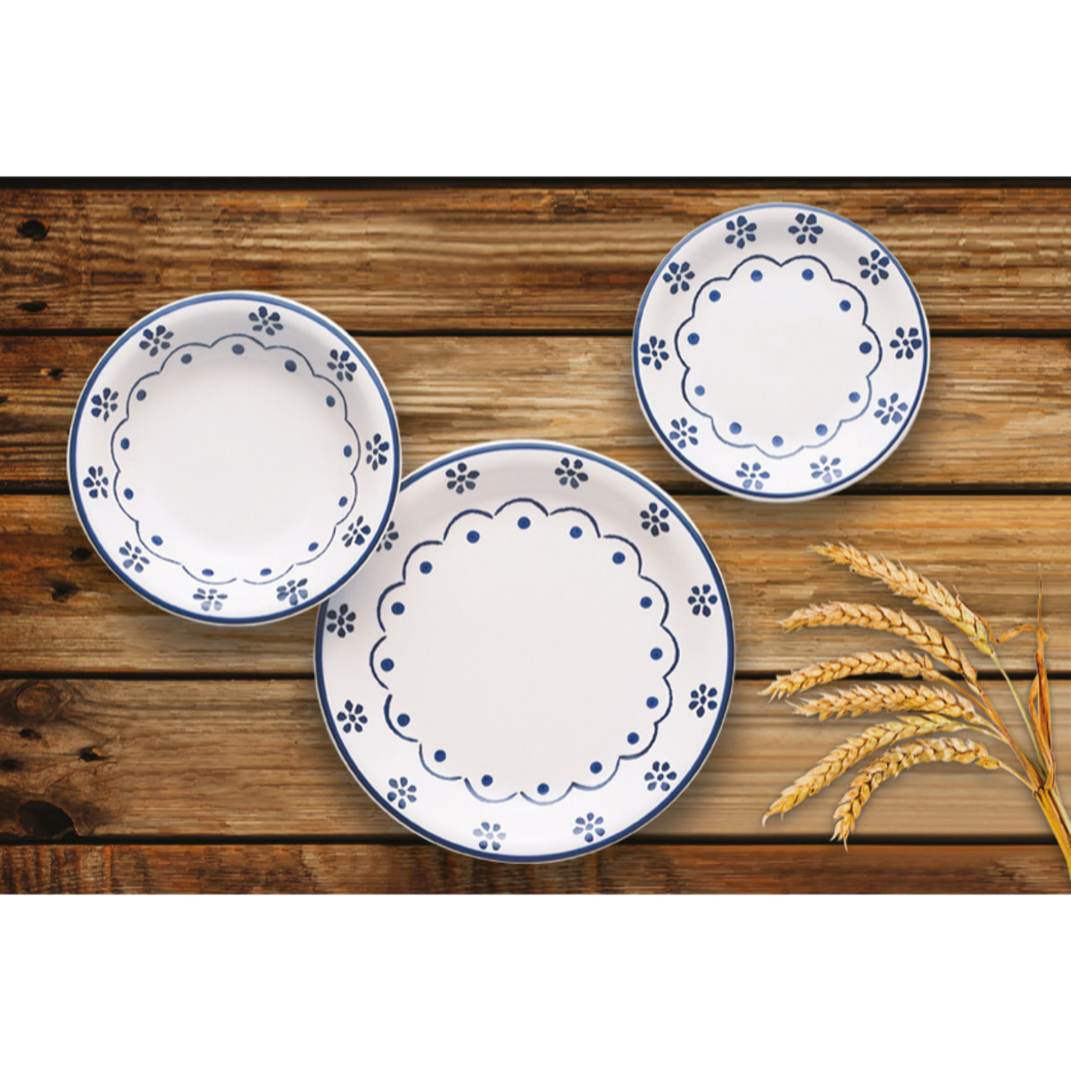 Service 18 assiettes Excelsa Old Cottage, céramique, blanc et bleu