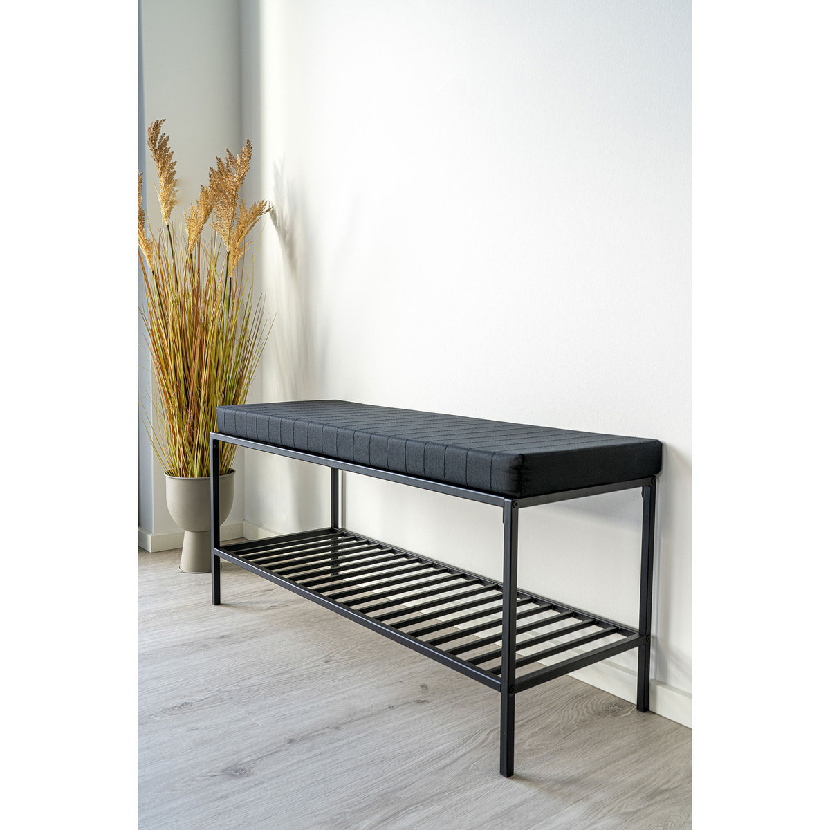 Panchina Vita nera con cuscino e ripiano, gambe nere, 100 cm