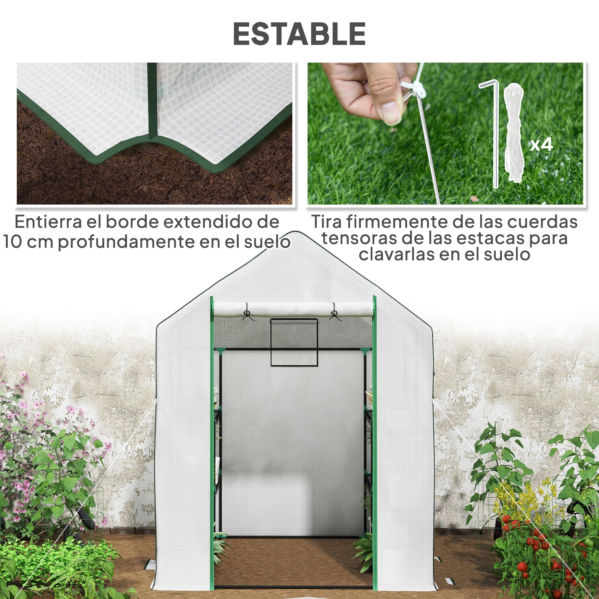 Invernadero de Exterior Invernadero Pequeño de 3 Niveles con 6 Estantes Puerta Enrollable Cubierta de PE y Marco de Acero para Cultivos Plantas Flores 140x143x190 cm Blanco
