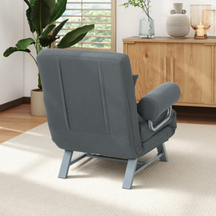 Fauteuil chauffeuse convertible inclinable coussin lombaires accoudoirs piètement métal lin gris foncé