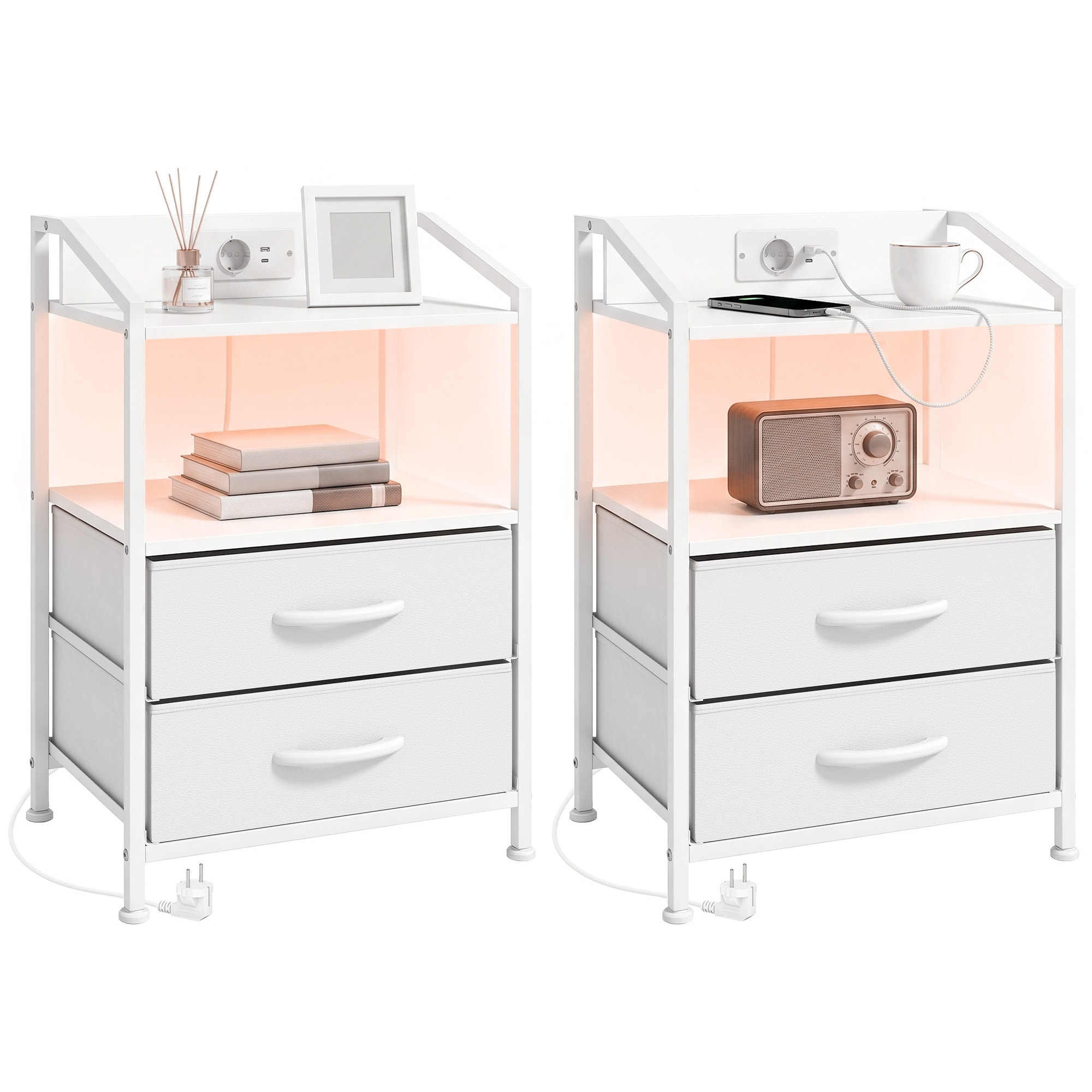Juego de 2 Mesitas de Noche con Luces LED RGB y Estación de Carga, Mesitas Auxilifares con 2 Cajones de Tela, Diseño Moderno, para Dormitorio, Salón, 40x30x60 cm, Blanco