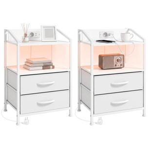 Juego de 2 Mesitas de Noche con Luces LED RGB y Estación de Carga, Mesitas Auxilifares con 2 Cajones de Tela, Diseño Moderno, para Dormitorio, Salón, 40x30x60 cm, Blanco