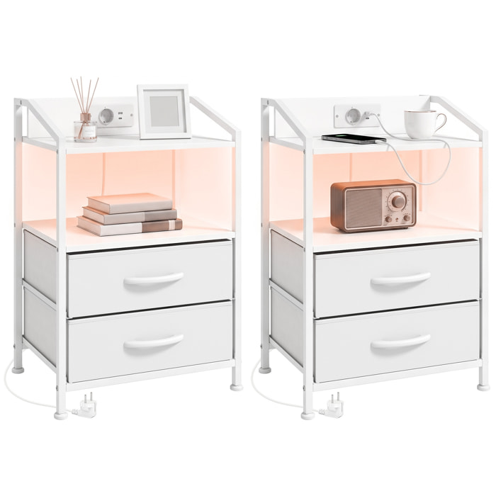 Juego de 2 Mesitas de Noche con Luces LED RGB y Estación de Carga, Mesitas Auxilifares con 2 Cajones de Tela, Diseño Moderno, para Dormitorio, Salón, 40x30x60 cm, Blanco