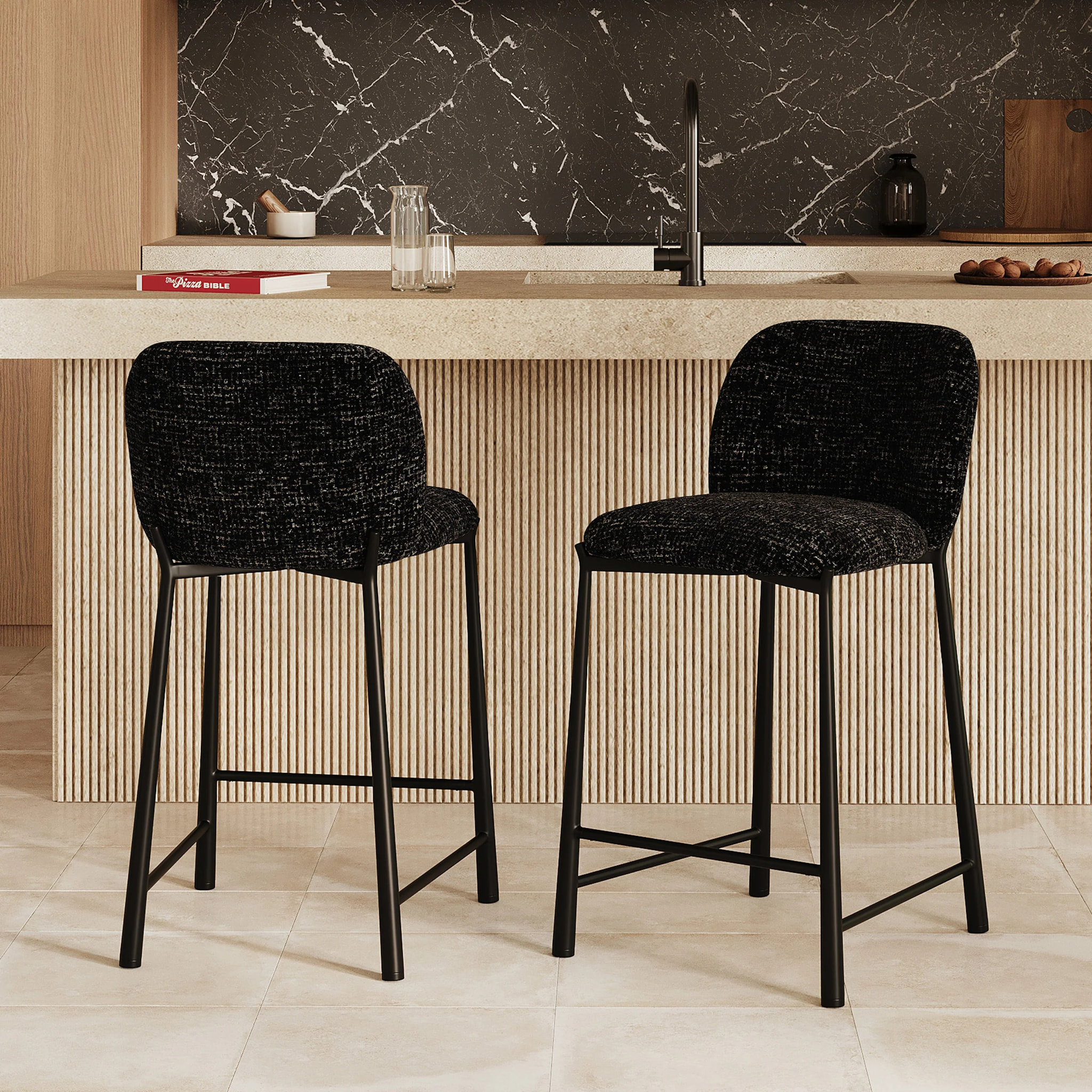 Lot de 2 chaises pour ilot central 65,5 cm en tissu texturé noir - Bento