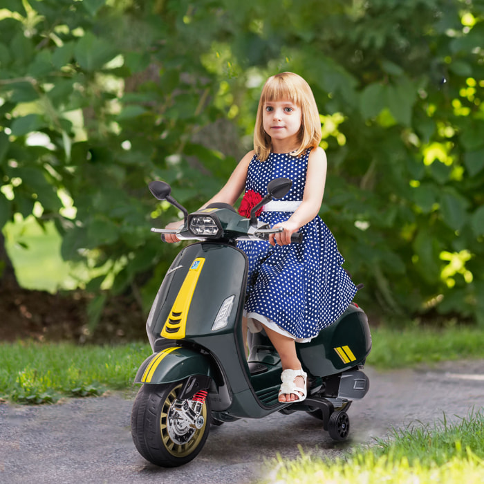 Scooter électrique enfant Vespa 6V - musiques, feu AV, entrée USB, radio FM - 2 roues support aux. - vert