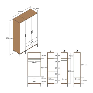 Guardaroba 3 ante Dpierin, Mobile camera da letto, Cabina armadio portabiti, Armadio appendiabiti, 120x201h48 cm, Noce e Antracite