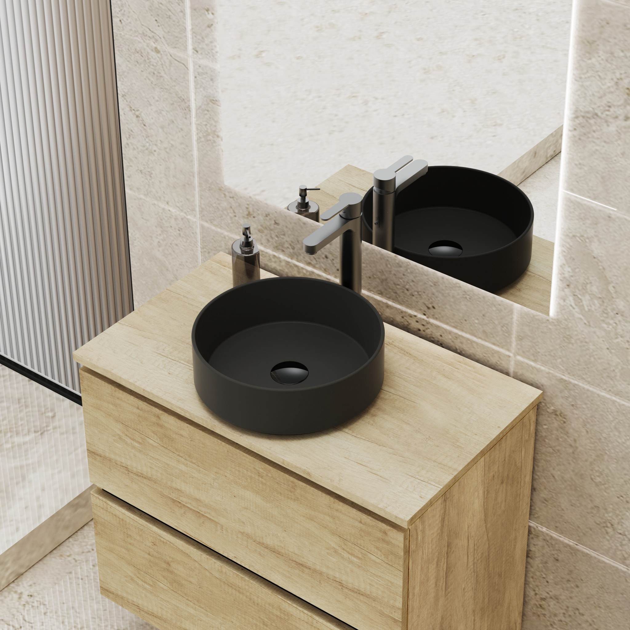 Conjunto de Baño Gloom | Mueble de Baño Suspendido | 90 cm Nature| Dos Cajones | Lavabo sobre Encimera | Mueble Montado | Alday