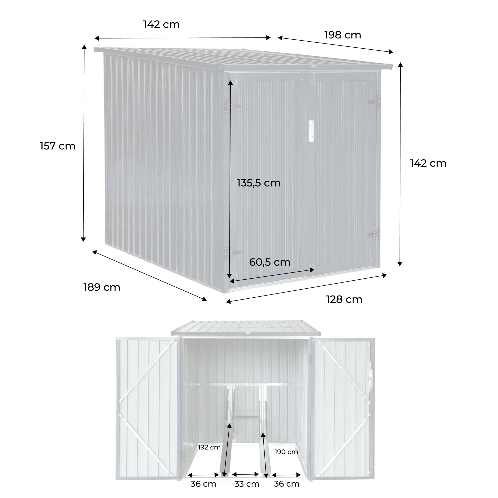 Abri à vélo. rangement 2 vélos. gris en acier galvanisé. L 142 x P 198 x H 157 cm