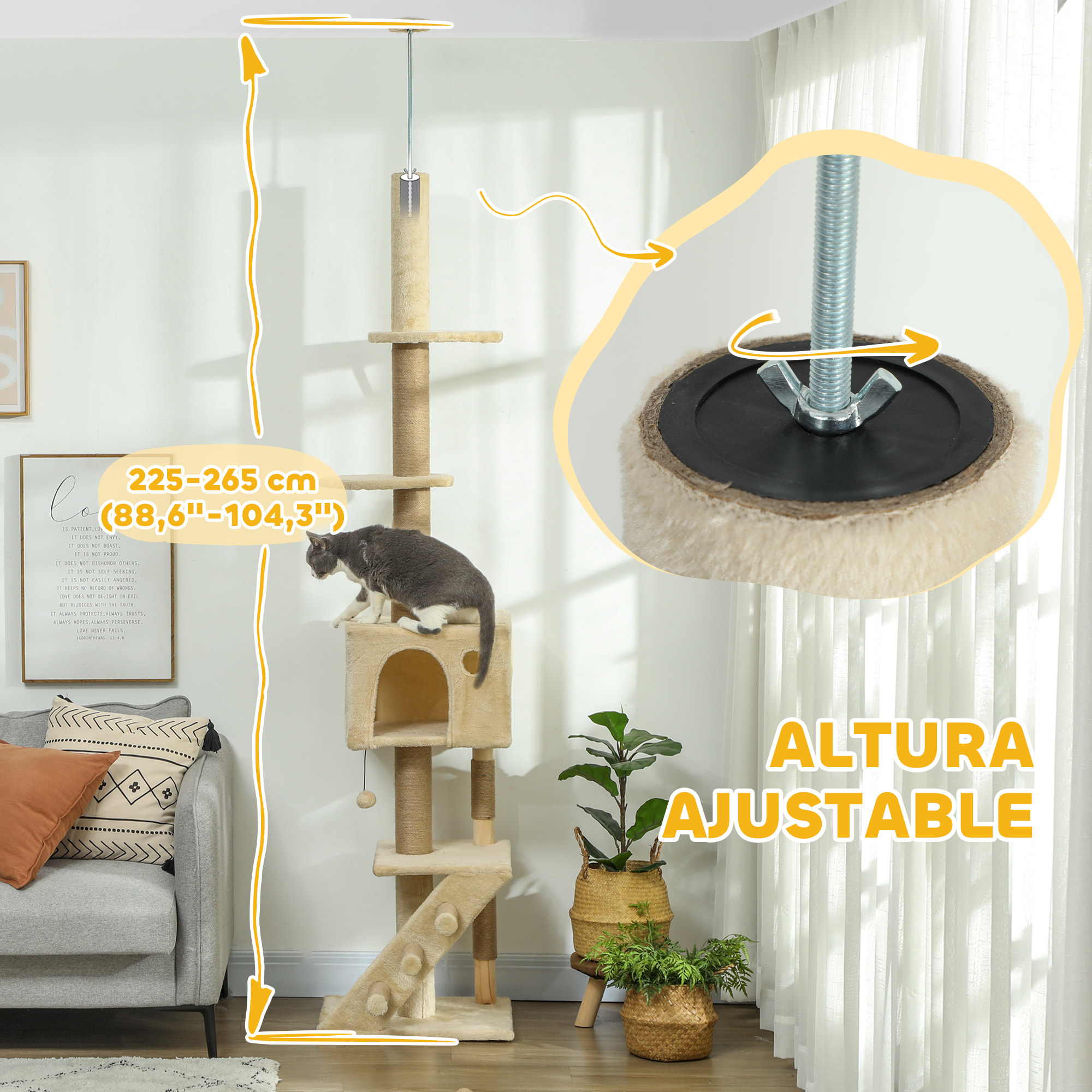 Árbol para Gatos de Suelo a Techo de 225-265 cm Árbol Rascador para Gatos con Altura Ajustable Múltiples Plataformas Escalera Bola Colgante Beige