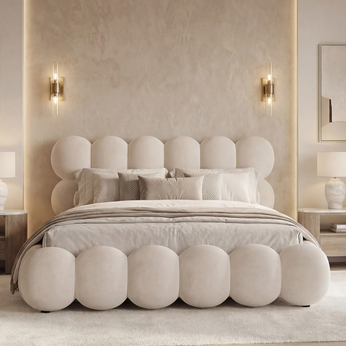 Lit Coffre Velours Beige, Grand Volume de Rangement, Sommier à Lattes Inclus
