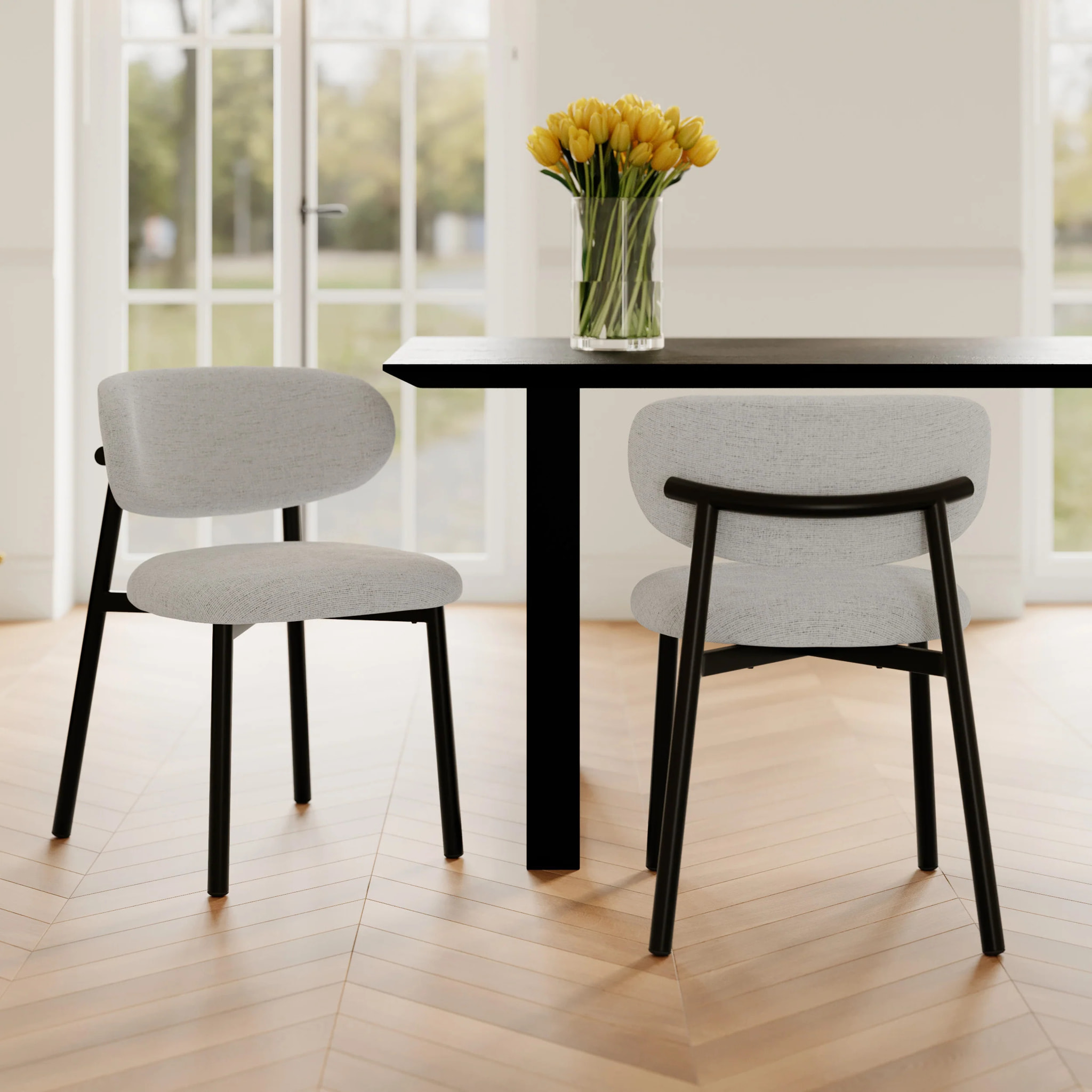 Lot de 2 chaises en tissu gris clair chiné et pieds en métal noir - Nao