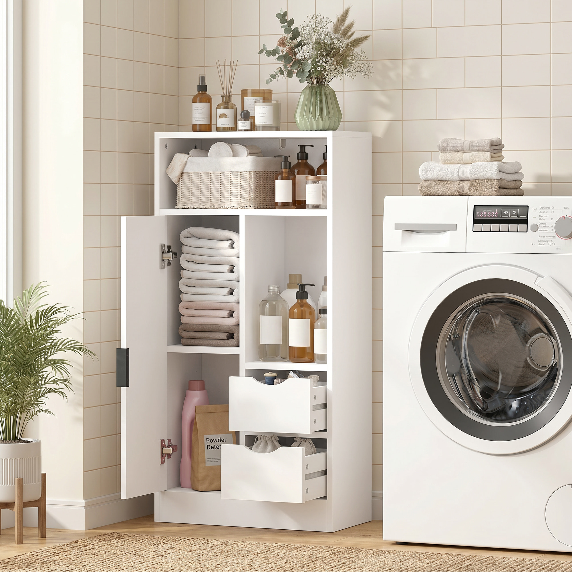 Mueble de Baño Estrecho Armario de Baño con 2 Cajones Compartimento Abierto y Estante Ajustable para Espacio Pequeño Cocina Salón 50x25x100 cm Blanco
