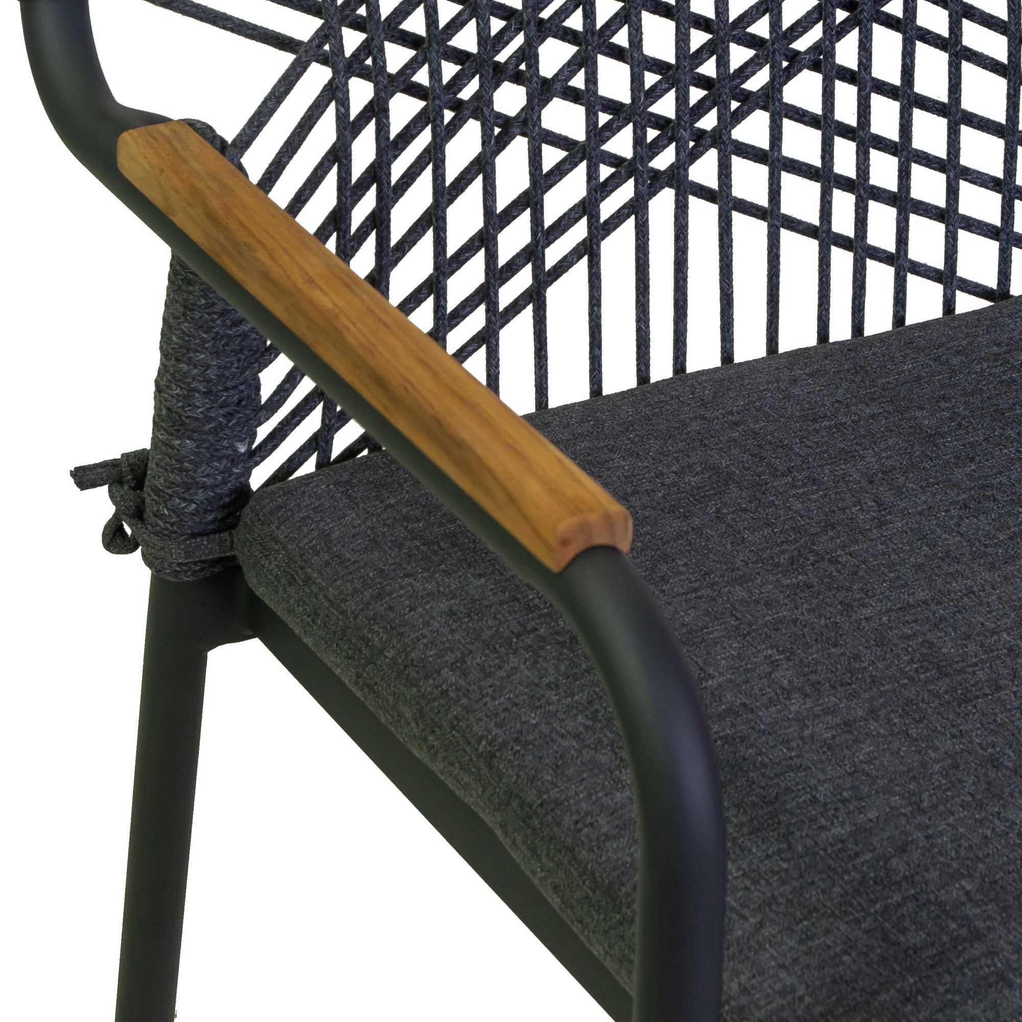 Poltrona Vacchetti Dean in alluminio antracite con corda e cuscino grigio cm56x62h85