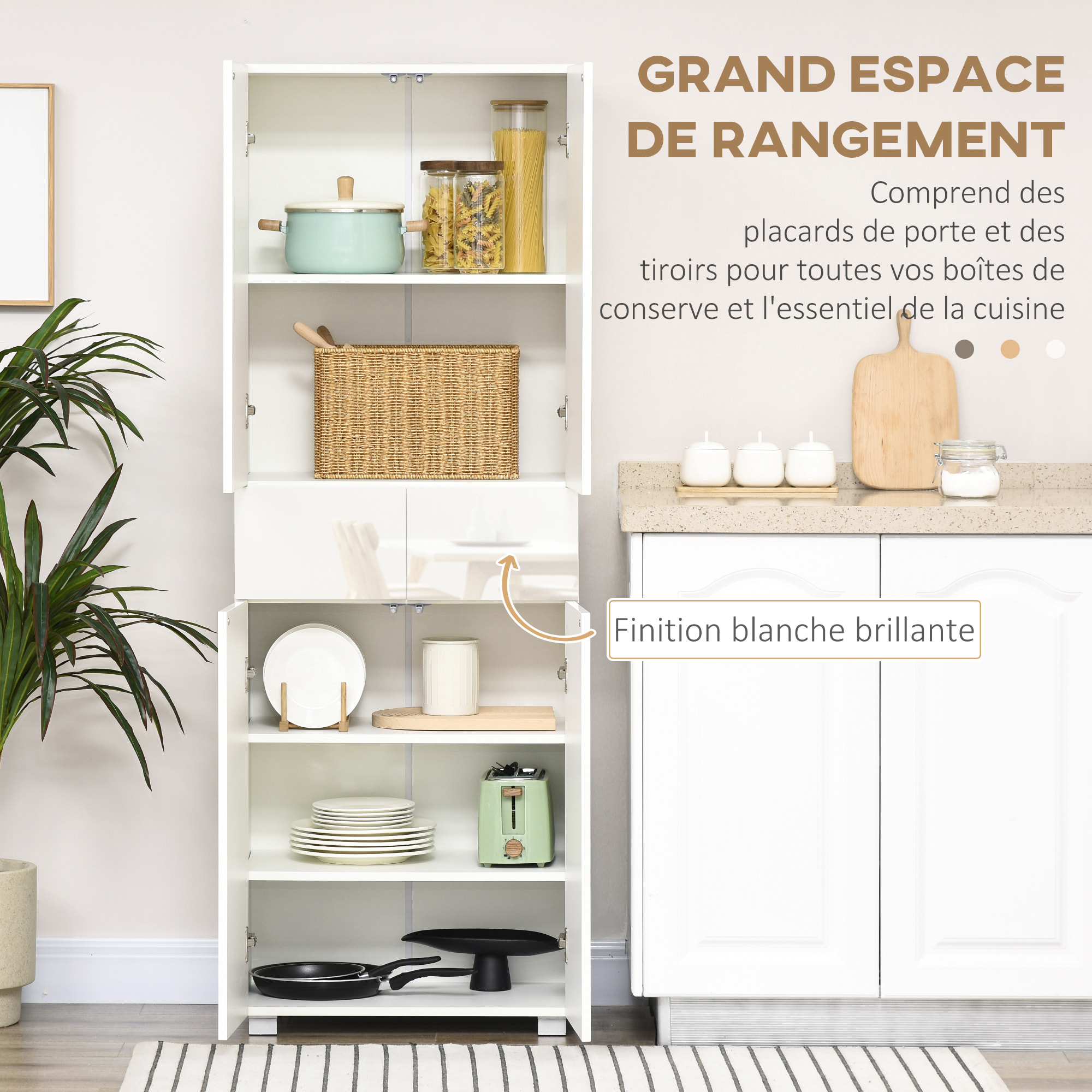 Buffet haut de cuisine blanc laqué style contemporain - 4 portes, 3 étagères réglables, 2 tiroirs