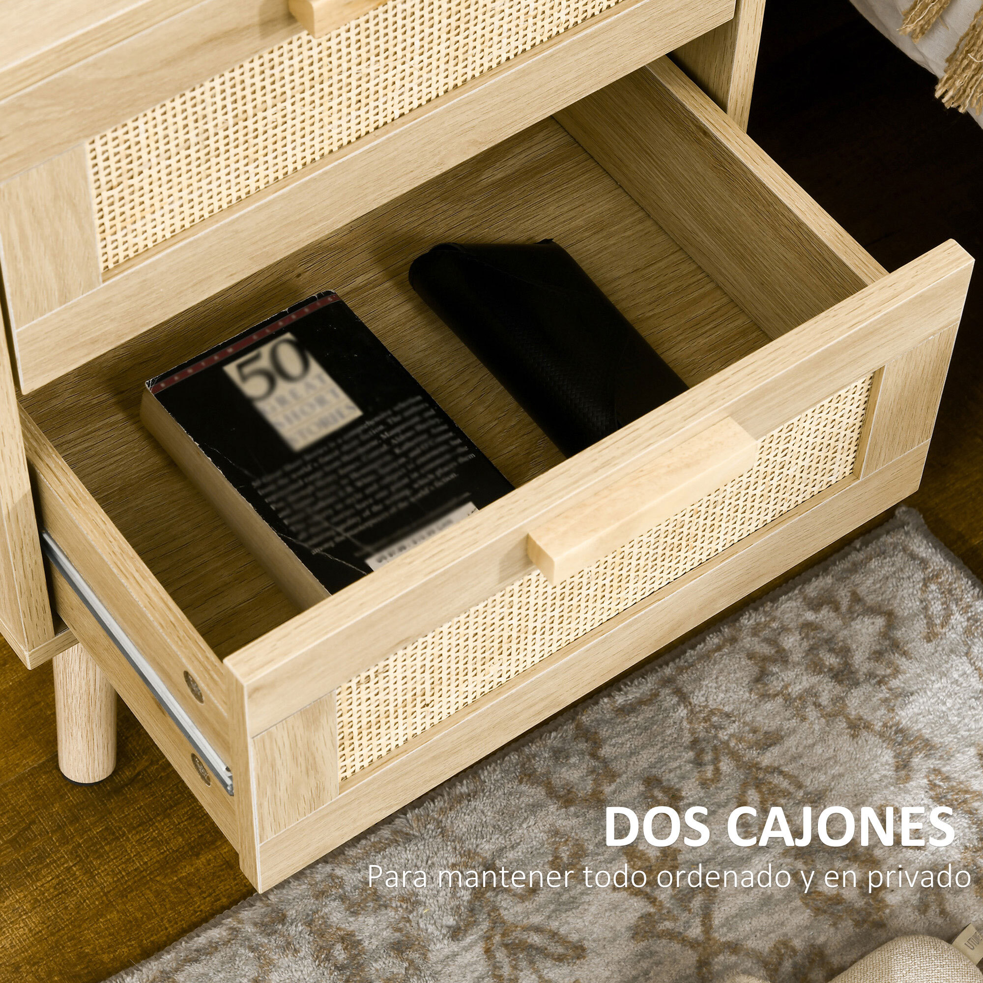 Conjunto de 2 Mesitas de Noche de Bohemio Mesillas de Noche con Cajones de Rejilla de Mimbre y Patas de Madera para Salón Dormitorio 40x40x56 cm Natural