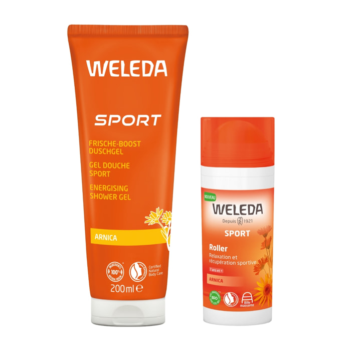 WELEDA - Pack Nomade - Gel Douche Sport Arnica + Roller Arnica - Après l'effort - Vegan* - Certifié Natrue** - Tube 200ml + Roll-on 75ml