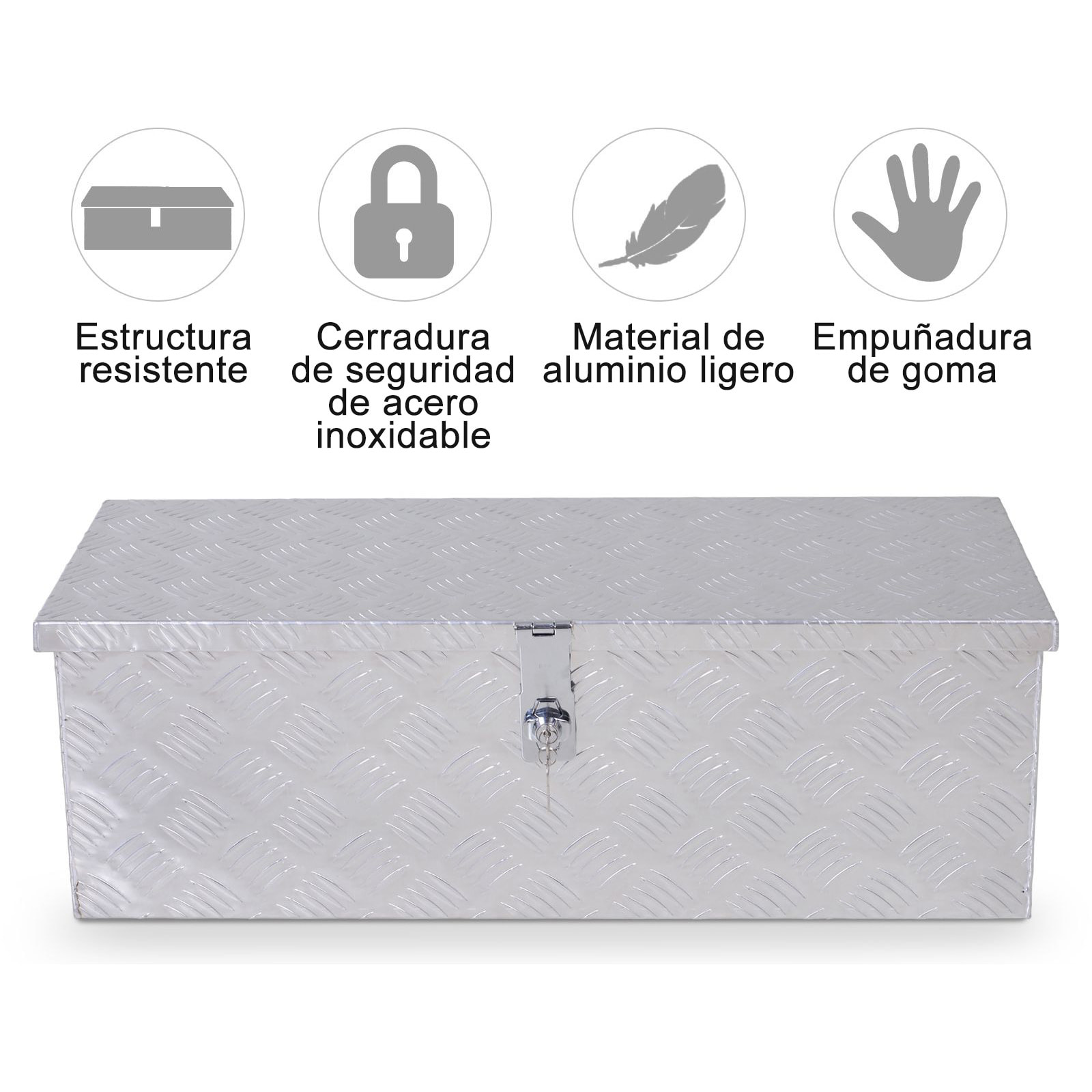 Caja de Herramientas de Aluminio con Tapa Abatible Asas Retráctiles Laterales Gran Compartimento y Cierre con Llave Maletín de Herramientas Portátil para Almacén Maletero 76x33x25 cm Plata