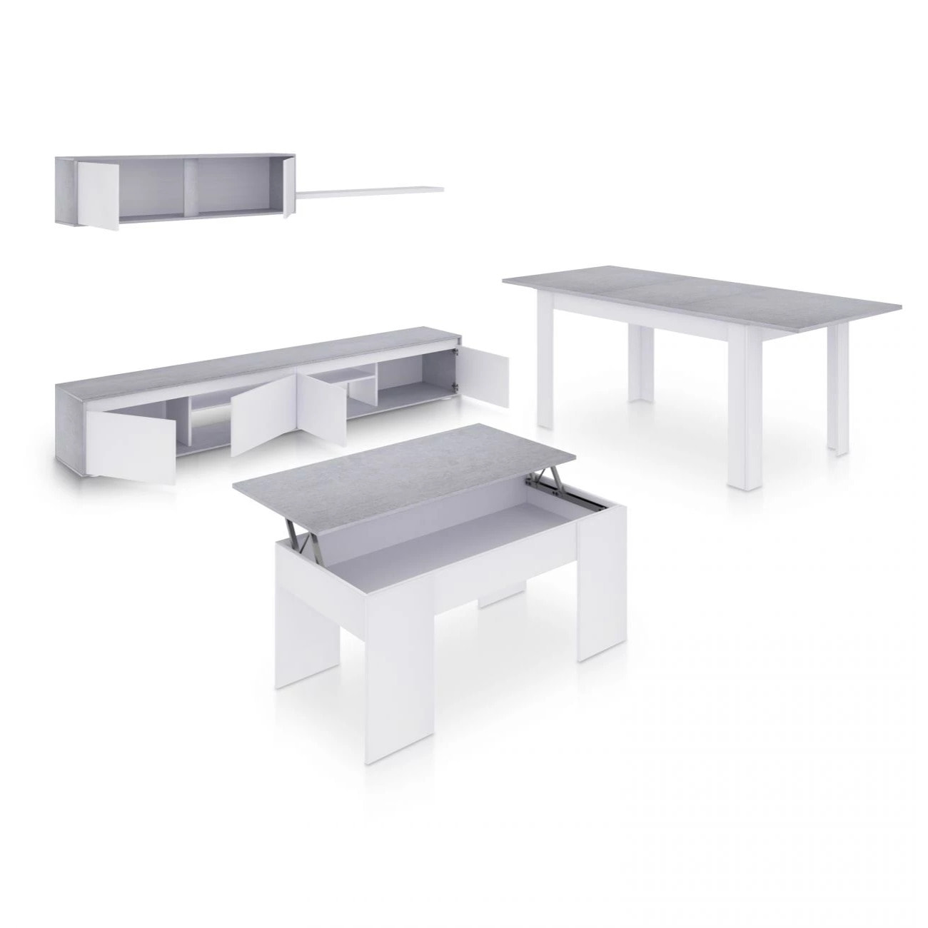 Pack salón con mesa de centro y mesa de comedor Arlet Max V2B Blanco Artik (Blanco Mate) - Gris Cemento