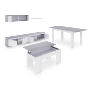 Pack salón con mesa de centro y mesa de comedor Arlet Max V2B Blanco Artik (Blanco Mate) - Gris Cemento