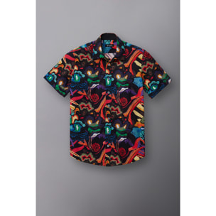 Camicia Uomo 1 Bottone Italiano Popeline Stampato Nero e Arancione
