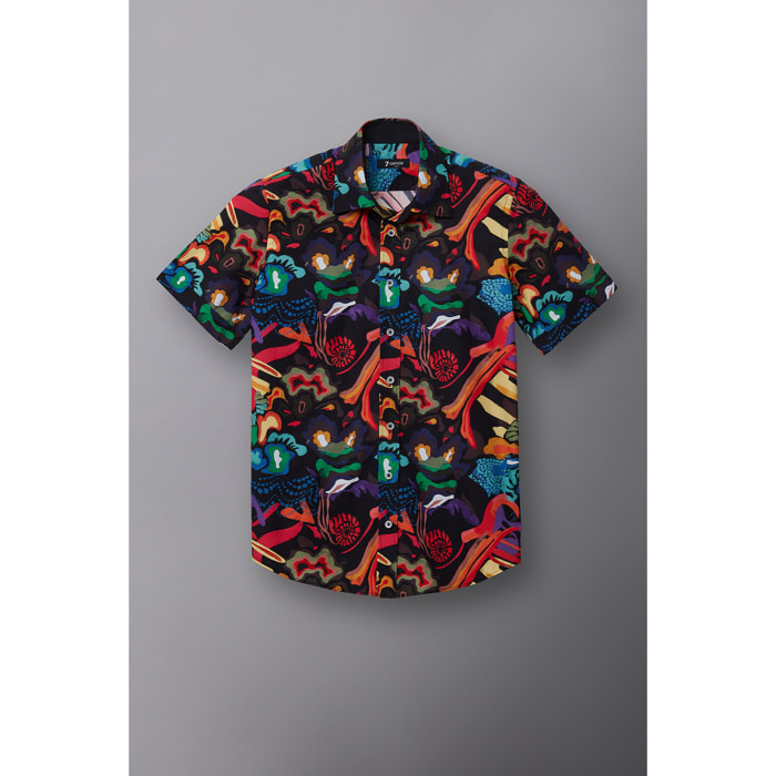 Camicia Uomo 1 Bottone Italiano Popeline Stampato Nero e Arancione