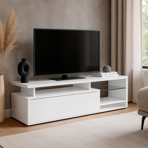 Mobile TV Con Mensola In Vetro 3 Vani A Giorno E Anta Senza Maniglie Parete Attrezzata Salotto Soggiorno Design Minimal 160 x 41 x 45 Cm Bianco