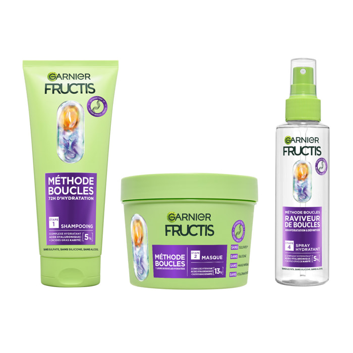 Garnier Fructis Méthode Boucles Routine Shampooing, Masque, Spray Hydratant à l'Acide Hyaluronique et beurre de Karité