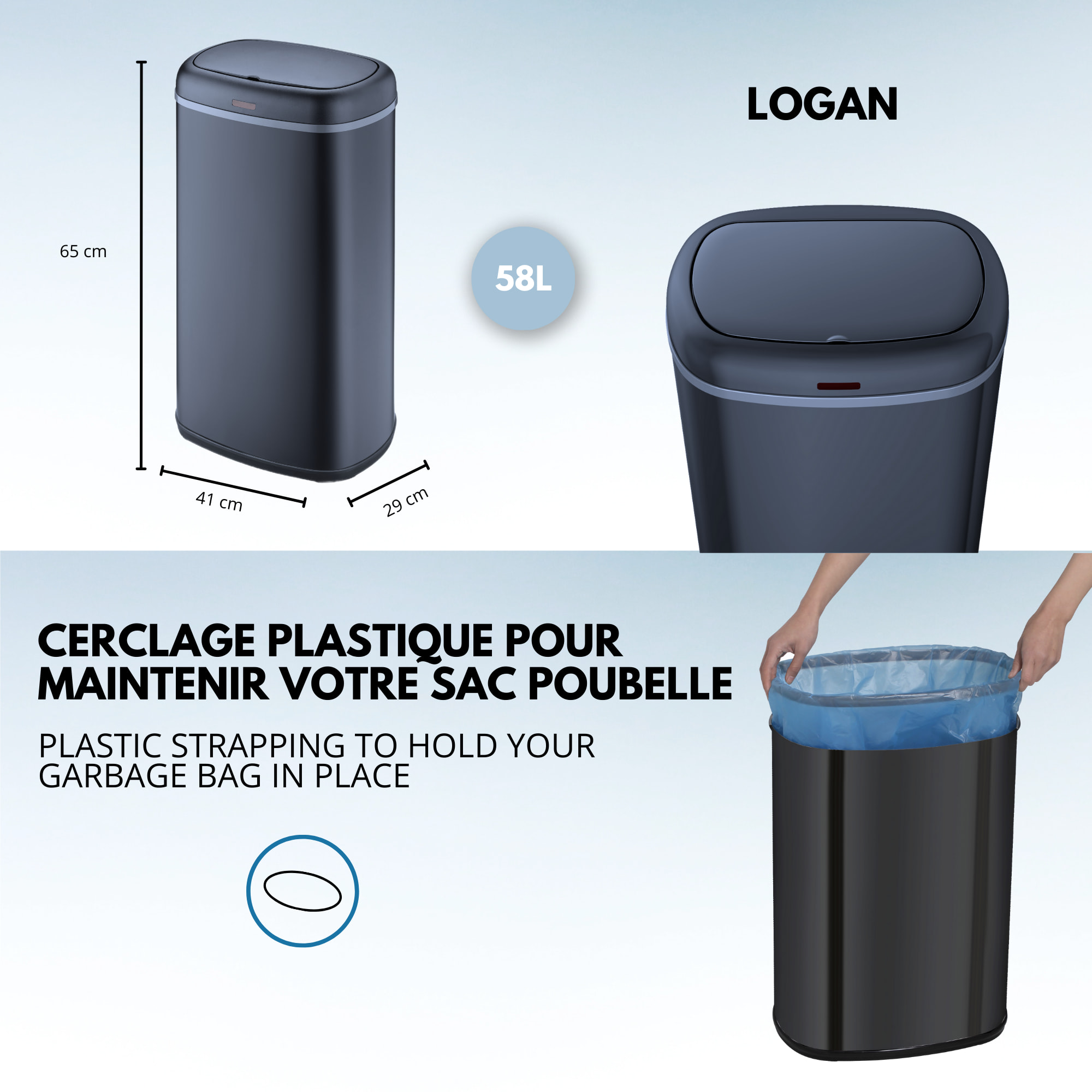 Poubelle automatique inox LOGAN gris 58L