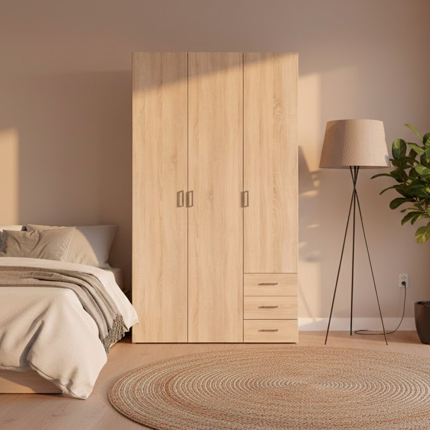 Armadio Con 3 Ante E 3 Cassetti Multiuso Per Abiti Indumenti Design Moderno Capiente Vano Appendiabiti Ripiani Interni 115.8 x 49.5 x 200.4 Cm Rovere